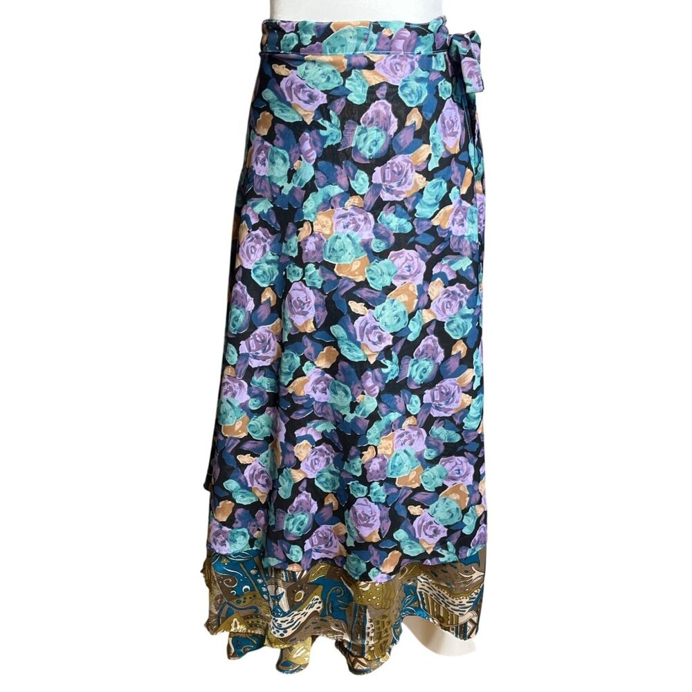 Wrap Sari Skirt Maxi Chiffon Reversible 2 Layers Boho Gypsy Colorful Womens 1 Sz